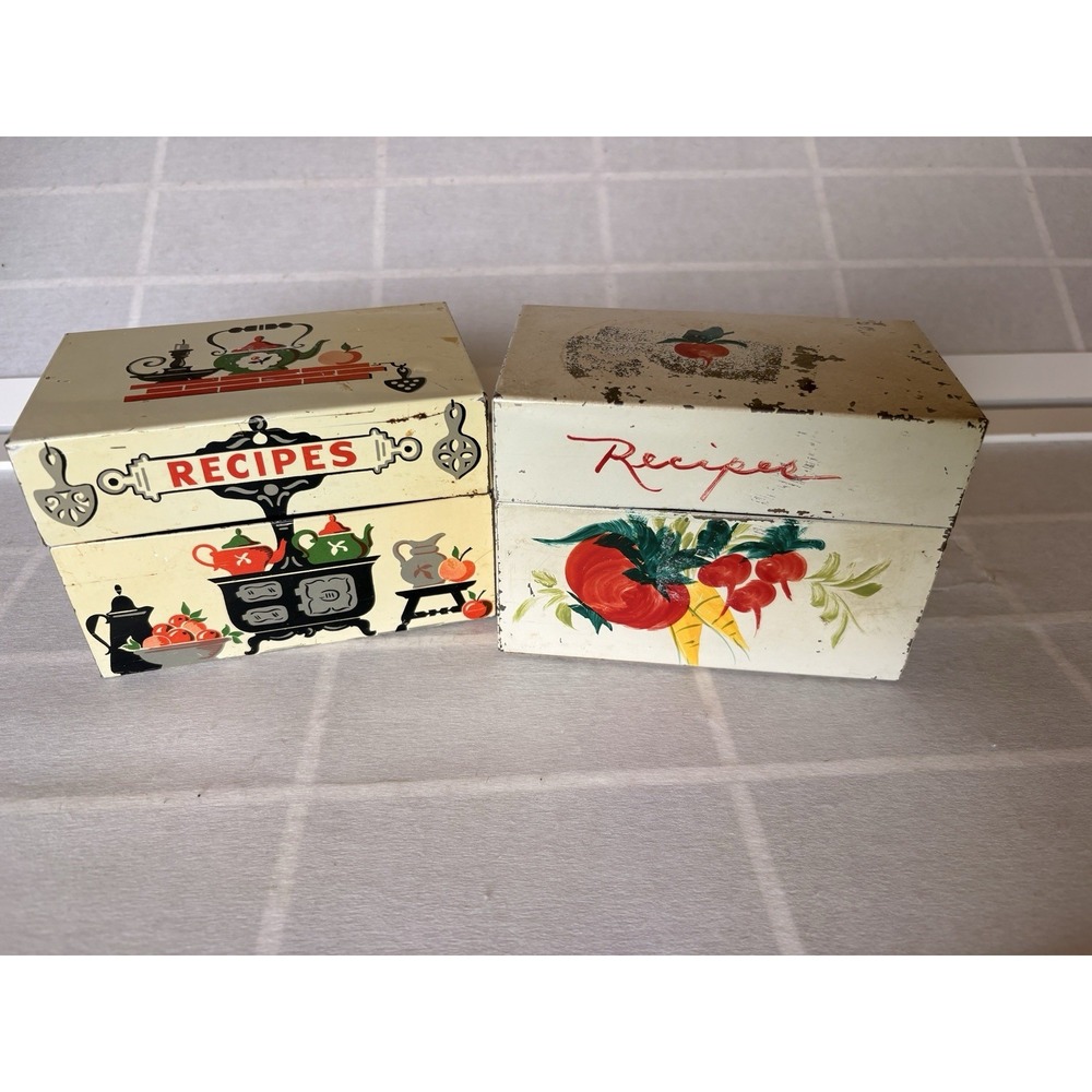 2 Vintage Tin Recipe Boxes Stylecraft Baltimore Metal Litho Mid Century Kitche